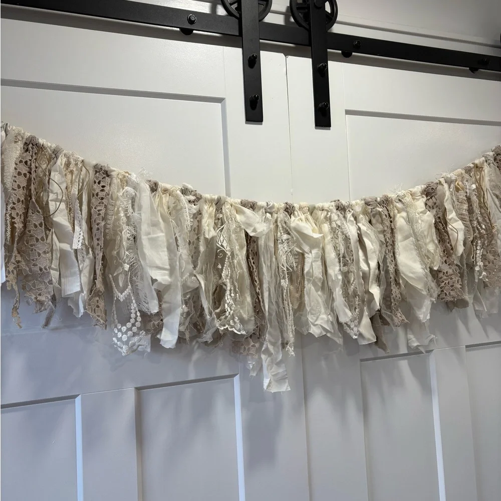Neutral & Ivory White Fabric & Lace Garland Banner - Home Holiday Event Decor